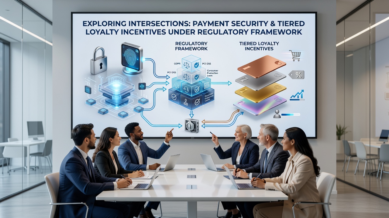 Diagram depicting encrypted data flows between payment gateways and loyalty management platforms under compliance monitoring